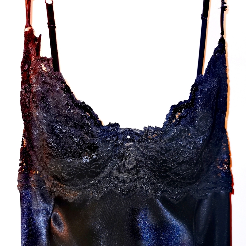 Full length black satin negligee